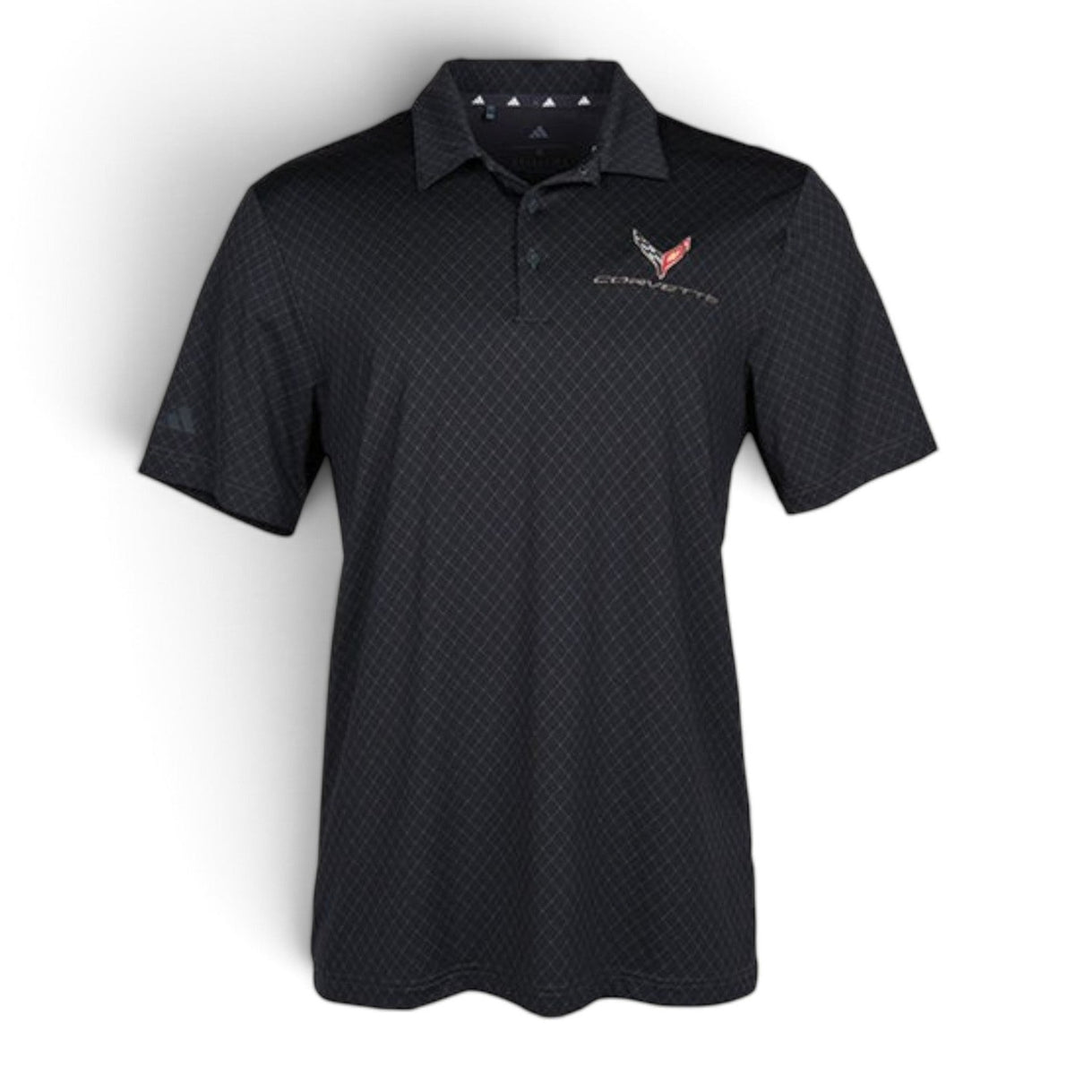 T-Top Vibes men's black Adidas Corvette C8 performance polo with tonal pattern and embroidered chest emblem.