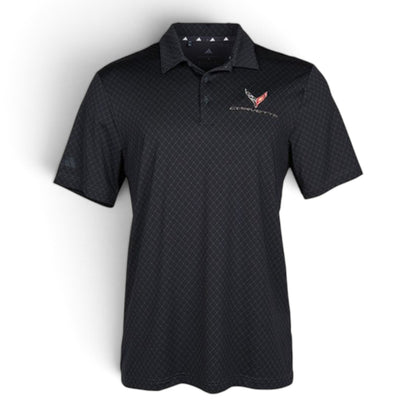 T-Top Vibes men's black Adidas Corvette C8 performance polo with tonal pattern and embroidered chest emblem.