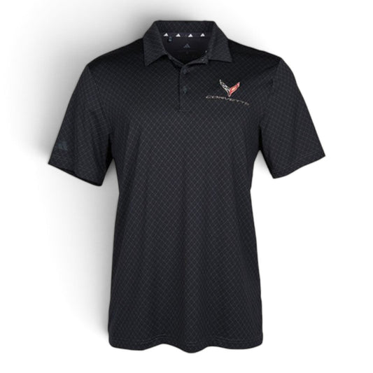 T-Top Vibes men's black Adidas Corvette C8 performance polo with tonal pattern and embroidered chest emblem.