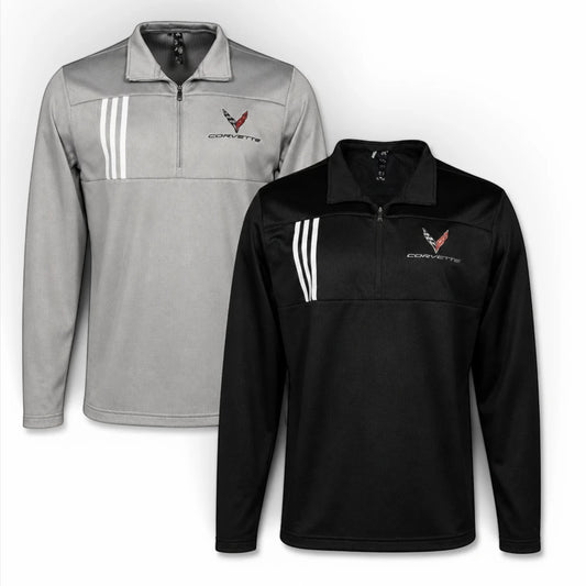 T-Top Vibes Corvette C8 Adidas quarter-zip pullovers in grey and black with waffle-knit texture and embroidered emblem.
