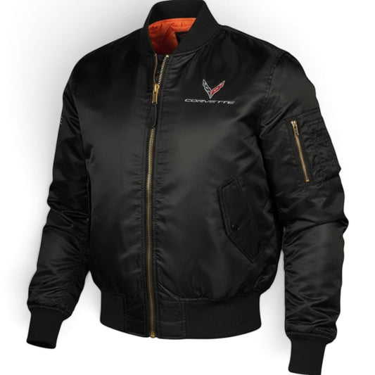 T-Top Vibes black nylon Corvette C8 bomber flight jacket with gold zipper and orange interior lining