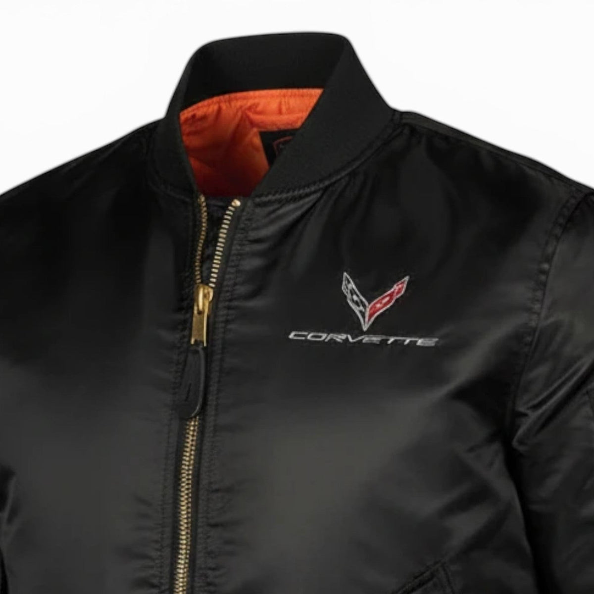 T-Top Vibes black Corvette C8 bomber flight jacket with gold zipper, orange lining, and embroidered chest emblem.