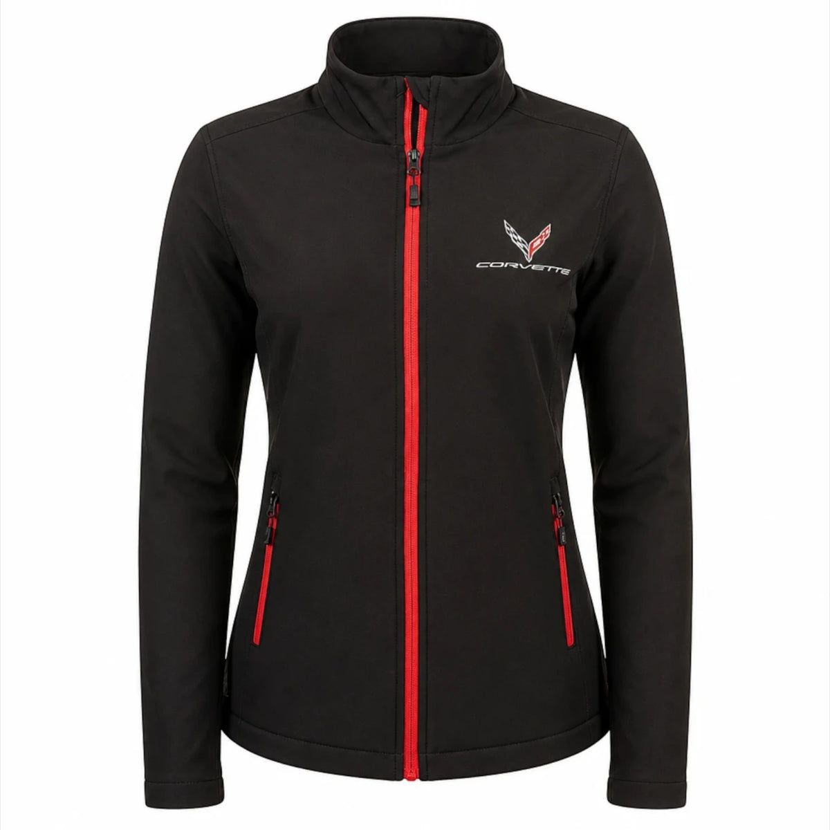 T-Top Vibes ladies black soft shell jacket with red zipper accents and embroidered Corvette C8 emblem on the chest.