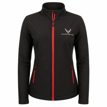 T-Top Vibes ladies black soft shell jacket with red zipper accents and embroidered Corvette C8 emblem on the chest.