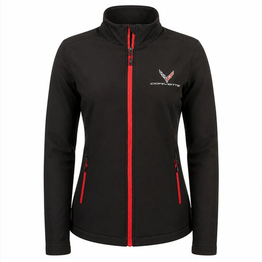 T-Top Vibes ladies black soft shell jacket with red zipper accents and embroidered Corvette C8 emblem on the chest.