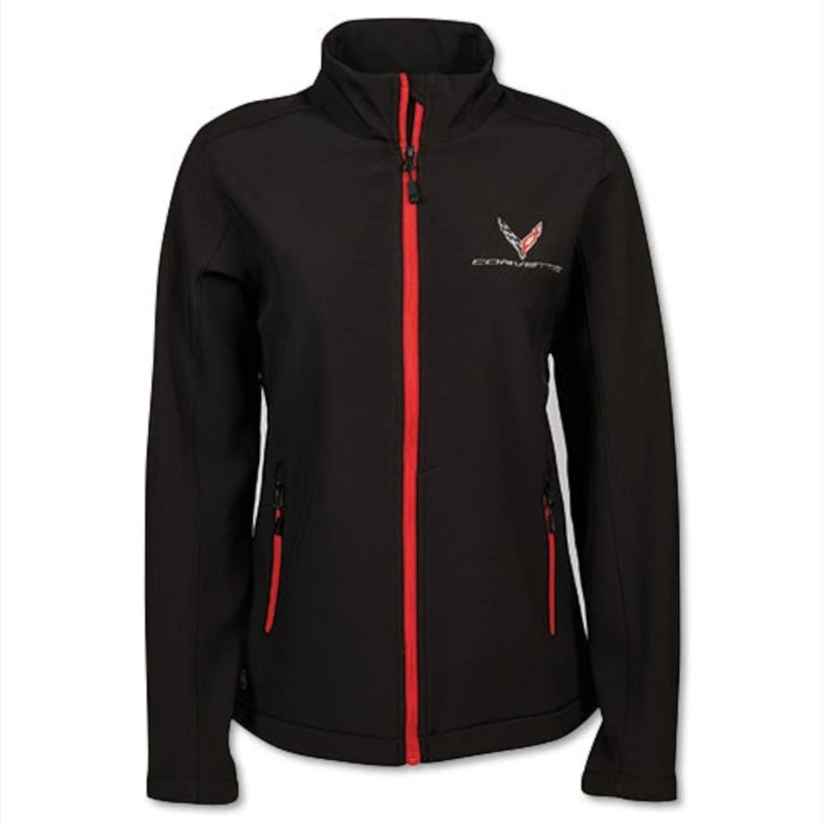 T-Top Vibes ladies black soft shell jacket with red zipper accents and embroidered Corvette C8 chest emblem