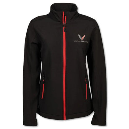 T-Top Vibes ladies black soft shell jacket with red zipper accents and embroidered Corvette C8 chest emblem