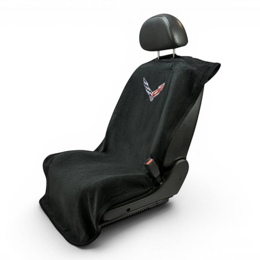 T-Top Vibes Corvette C8 black cotton terry velour car seat cover towel with official logo on a vehicle seat