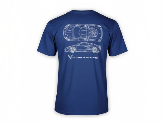 T-Top Vibes heather royal blue unisex cotton t-shirt featuring a white C8 Corvette blueprint graphic on the back.