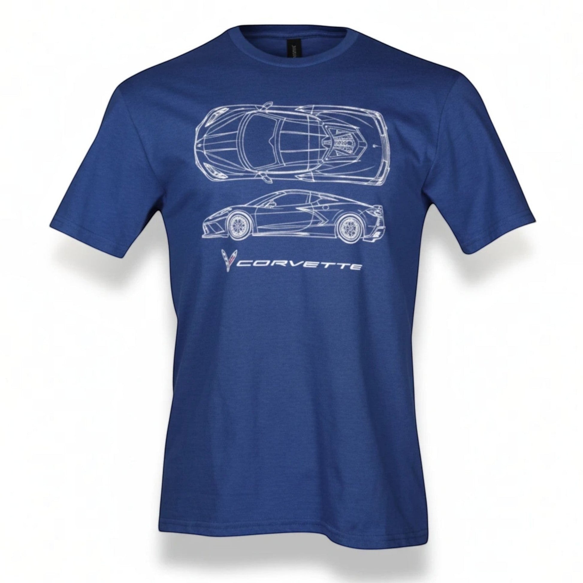 T-Top Vibes heather royal blue unisex t-shirt featuring a white C8 Corvette blueprint graphic on the chest.