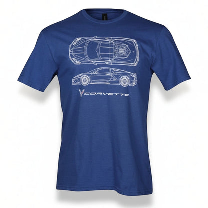 T-Top Vibes heather royal blue unisex t-shirt featuring a white C8 Corvette blueprint graphic on the chest.