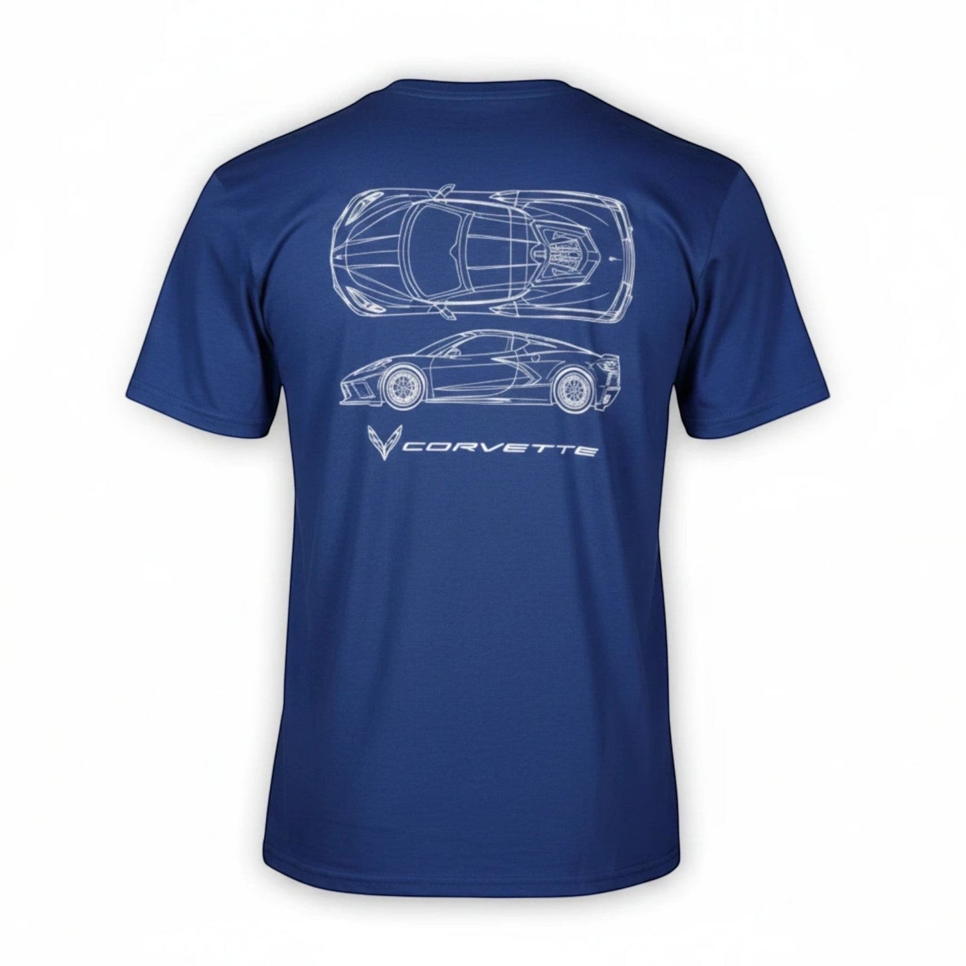 T-Top Vibes heather royal blue unisex cotton t-shirt featuring a white C8 Corvette blueprint graphic on the back.