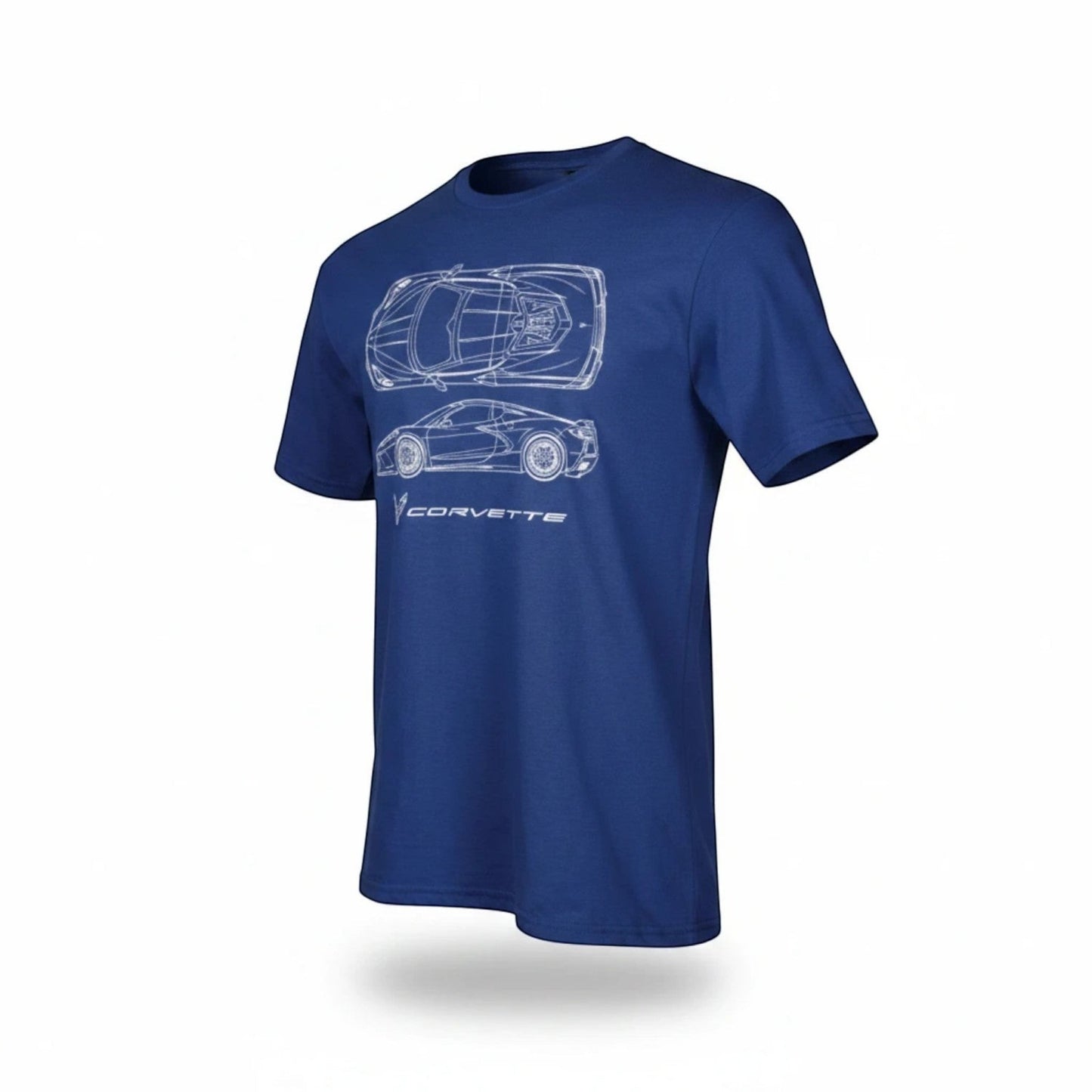 T-Top Vibes heather royal blue unisex cotton t-shirt featuring a white Corvette C8 blueprint graphic