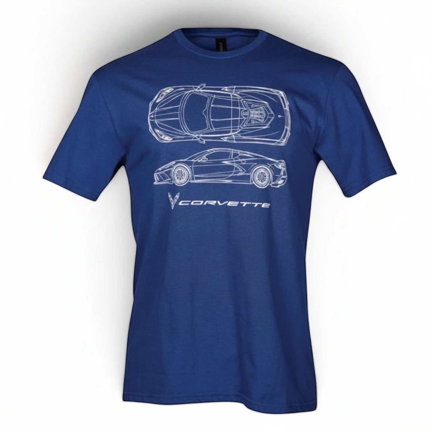 T-Top Vibes heather royal blue unisex t-shirt featuring a white line art C8 Corvette blueprint graphic.