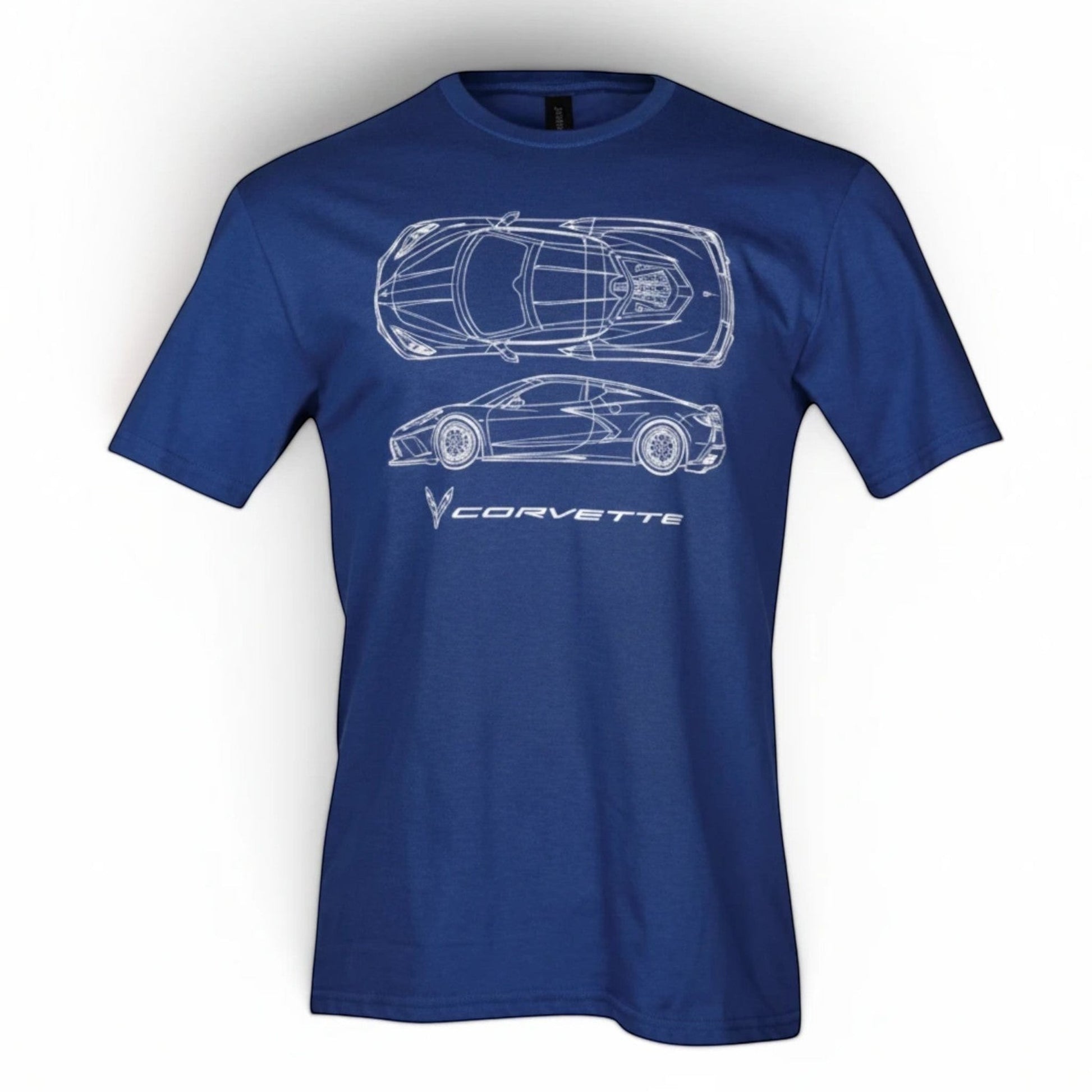 T-Top Vibes heather royal blue unisex t-shirt featuring a white line art C8 Corvette blueprint graphic.
