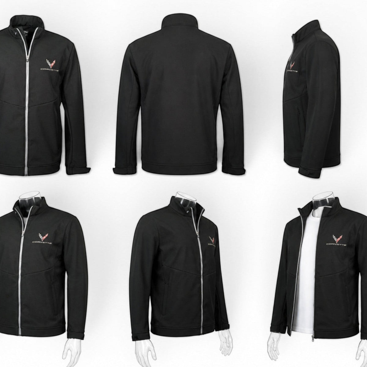 T-Top Vibes black Callaway softshell jacket with C8 Corvette branding, featuring water and wind resistant fabric.
