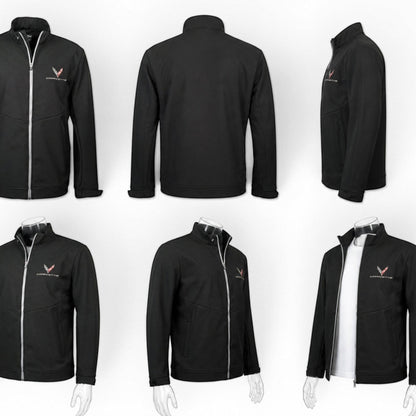 T-Top Vibes black Callaway softshell jacket with C8 Corvette branding, featuring water and wind resistant fabric.