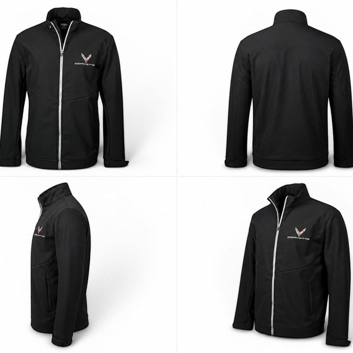 T-Top Vibes black Callaway softshell jacket featuring C8 Corvette branding, wind-resistant fabric, and a full-zip front.