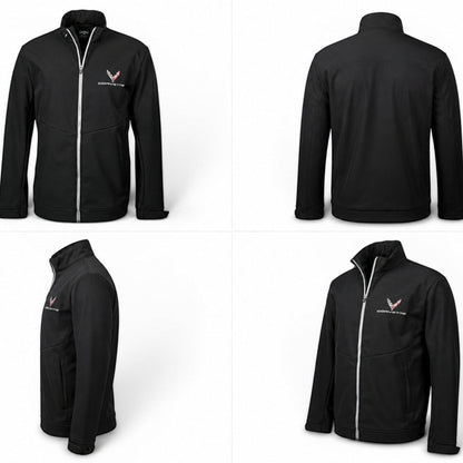 T-Top Vibes black Callaway softshell jacket featuring C8 Corvette branding, wind-resistant fabric, and a full-zip front.