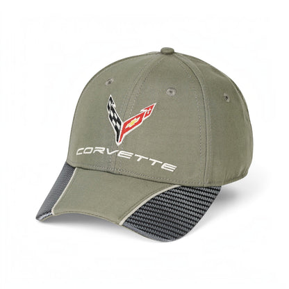 T-Top Vibes olive green Corvette C8 cap with carbon fiber contrast detailing and embroidered logo on the front.