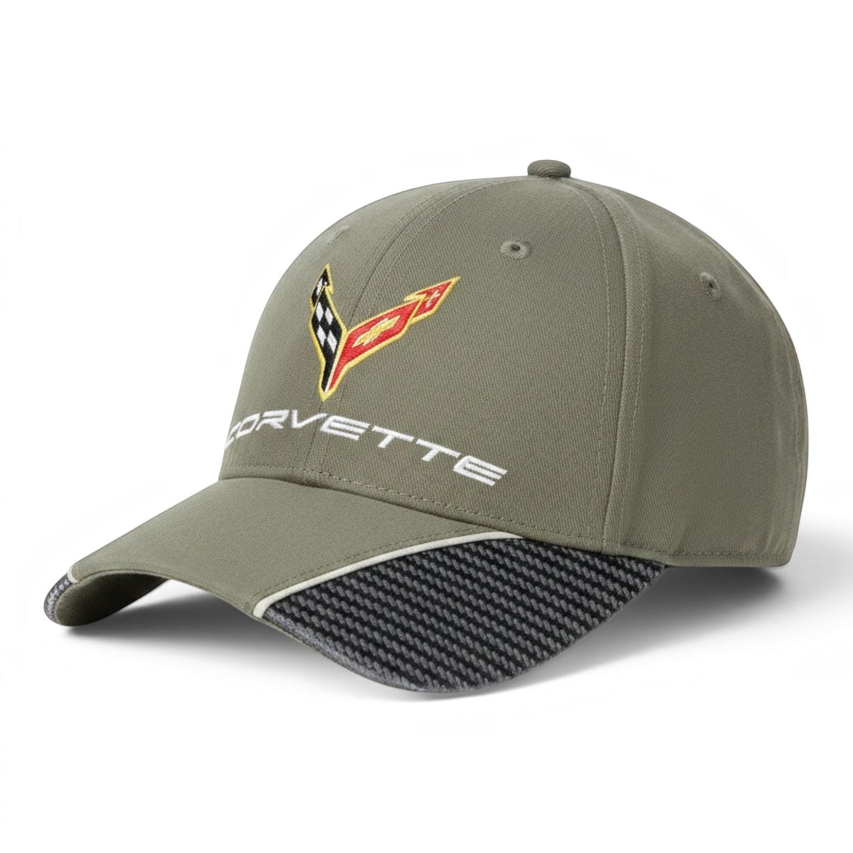 T-Top Vibes olive green Corvette C8 baseball cap with carbon fiber brim detail and embroidered logo