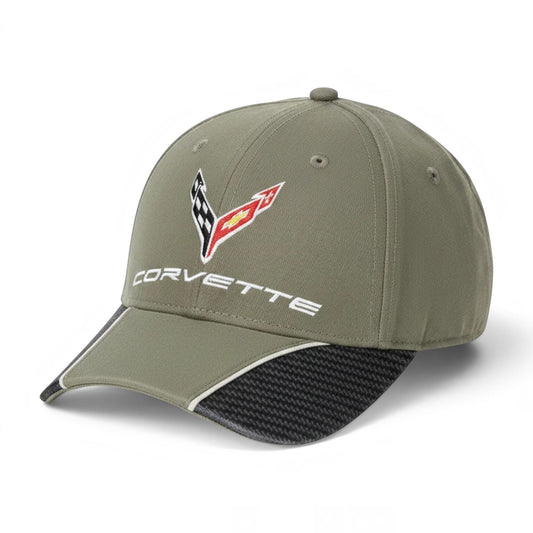 T-Top Vibes olive green Corvette C8 cap with carbon fiber brim detail and embroidered logo