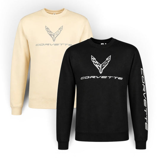 T-Top Vibes Corvette C8 heavyweight crewneck sweatshirts in black and cream with chest logo and sleeve script