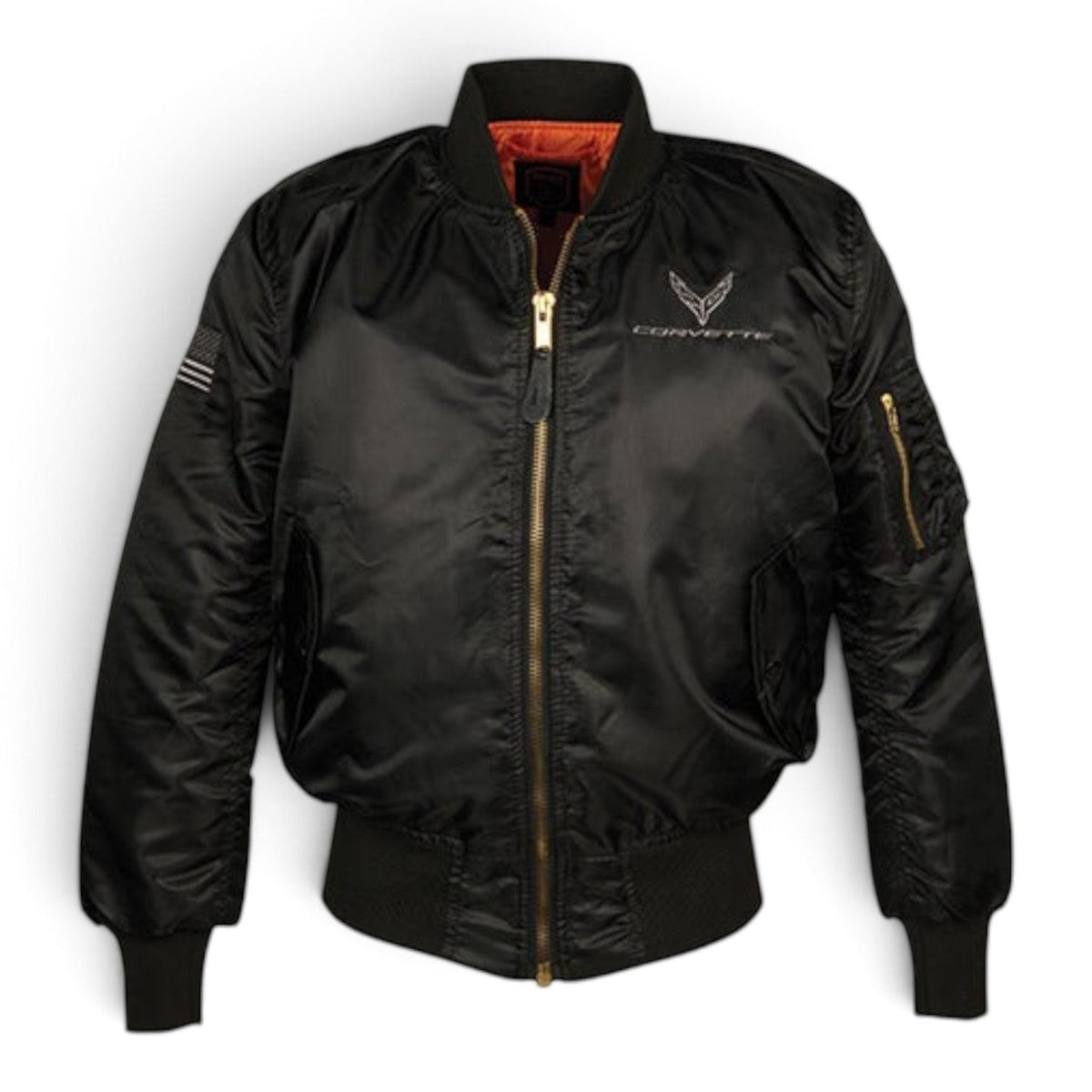 T-Top Vibes black nylon Corvette C8 flight jacket with American flag patch, gold zipper, and orange interior lining.