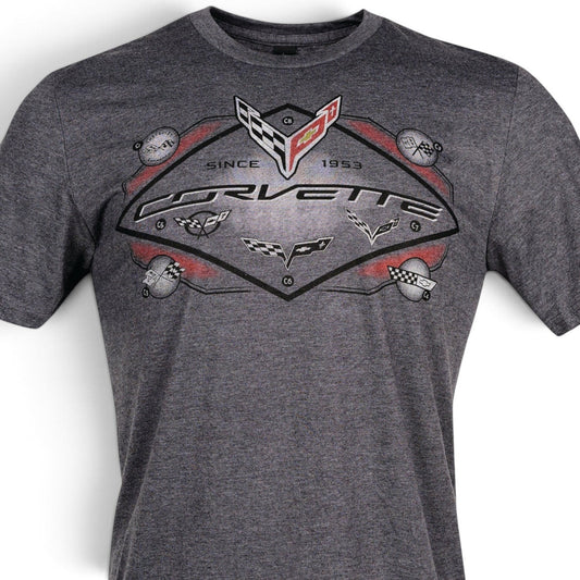 T-Top Vibes heather gray Corvette C8 geometric graphic t-shirt featuring the iconic crossed-flags emblem.