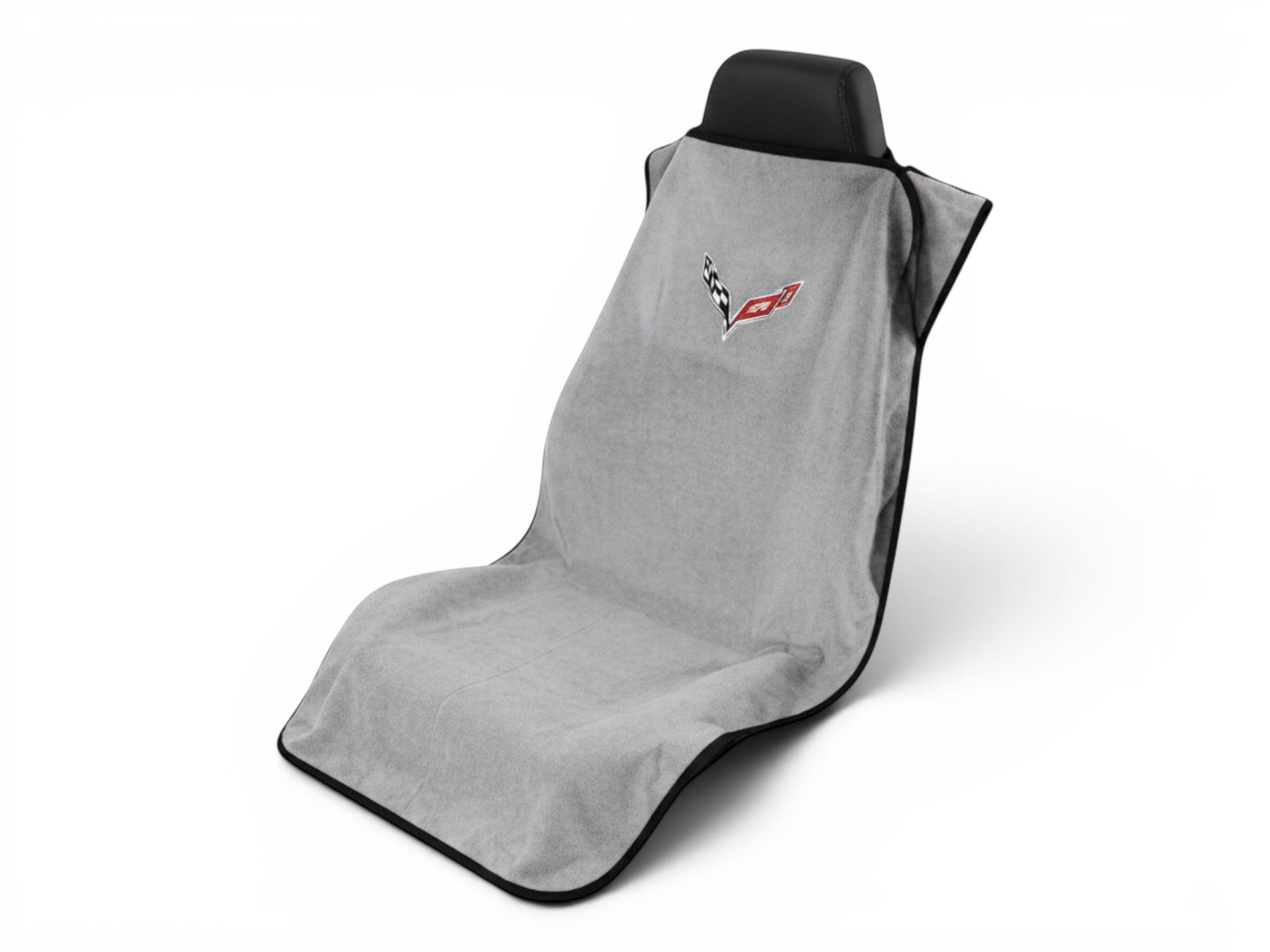 T-Top Vibes Corvette C8 grey cotton seat cover towel with official logo draped over a car seat
