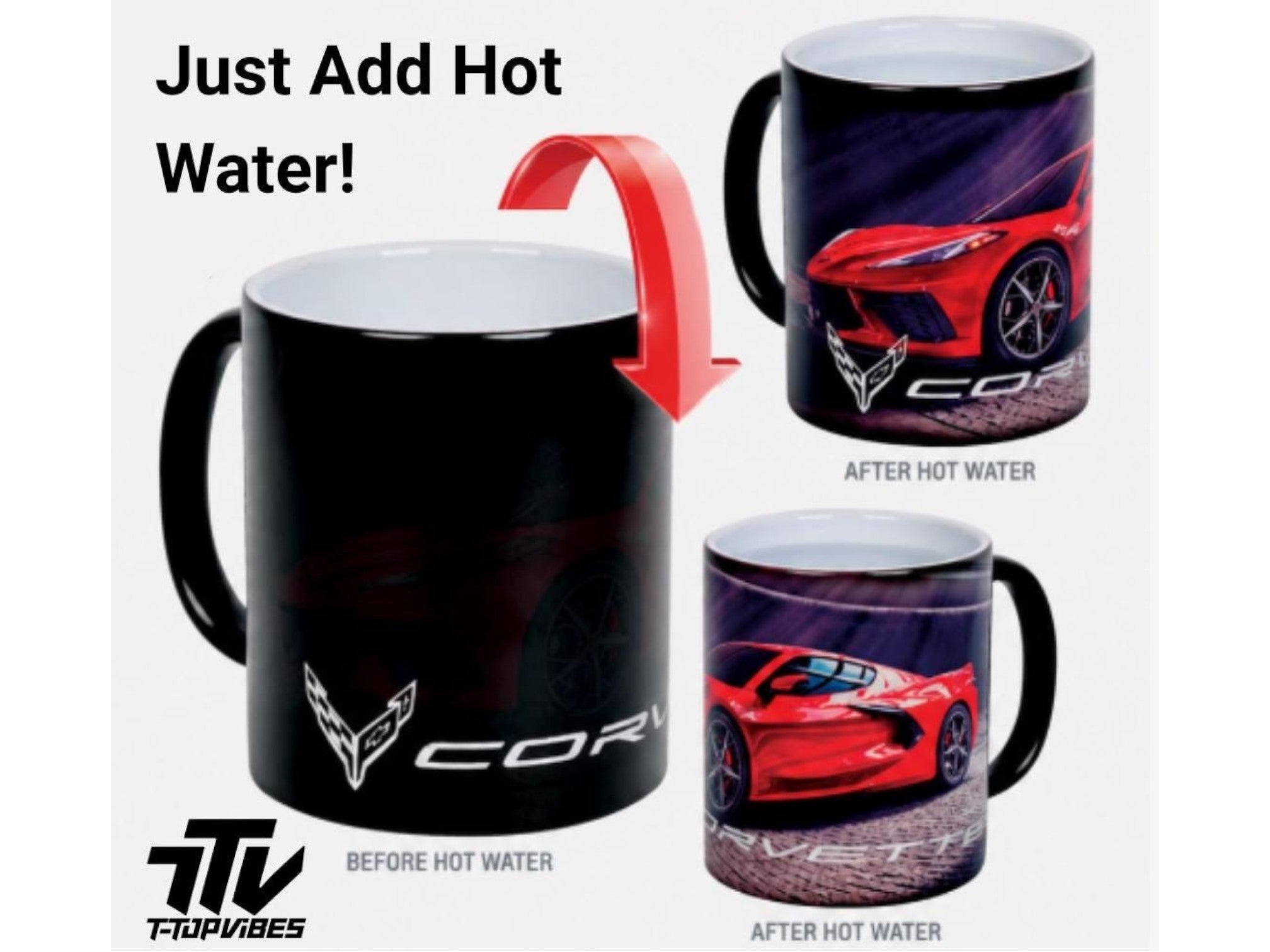 T-Top Vibes Corvette C8 ceramic heat-reveal mug showing black finish transforming into a red sports car design