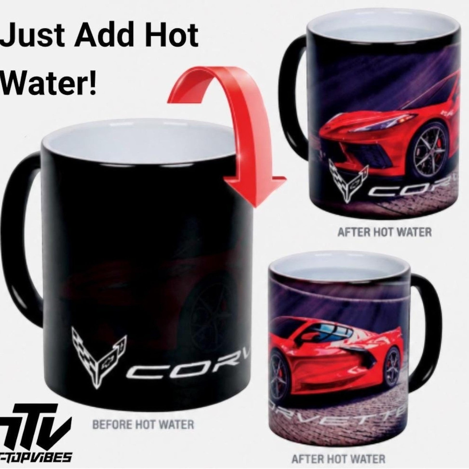 T-Top Vibes Corvette C8 ceramic heat-reveal mug showing black finish transforming into a red sports car design