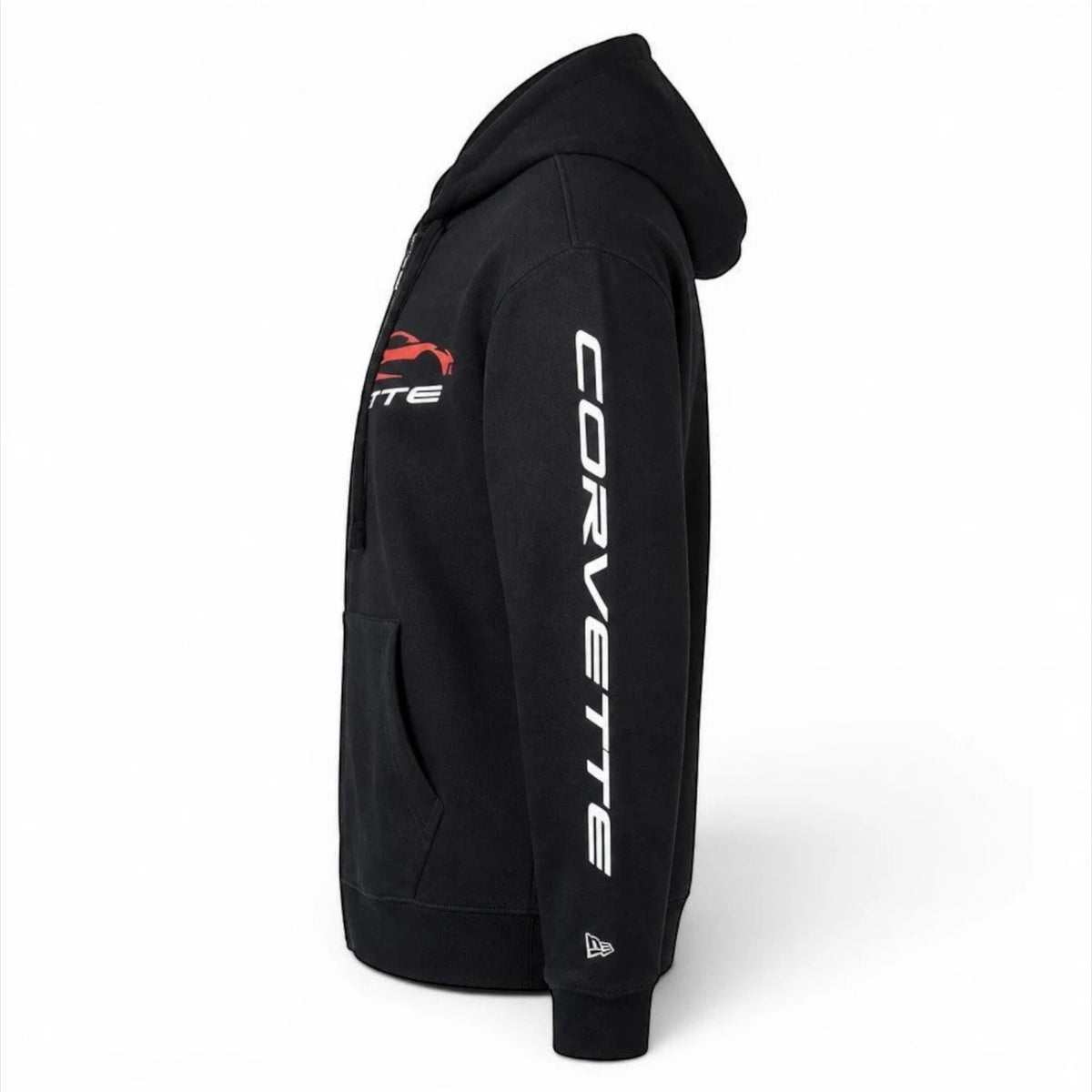 T-Top Vibes black New Era full-zip hoodie featuring a red C8 Corvette logo and white script down the sleeve