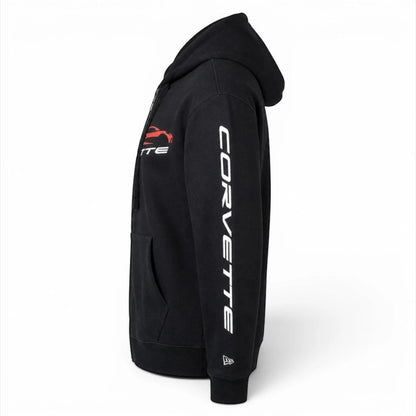 T-Top Vibes black New Era full-zip hoodie featuring a red C8 Corvette logo and white script down the sleeve