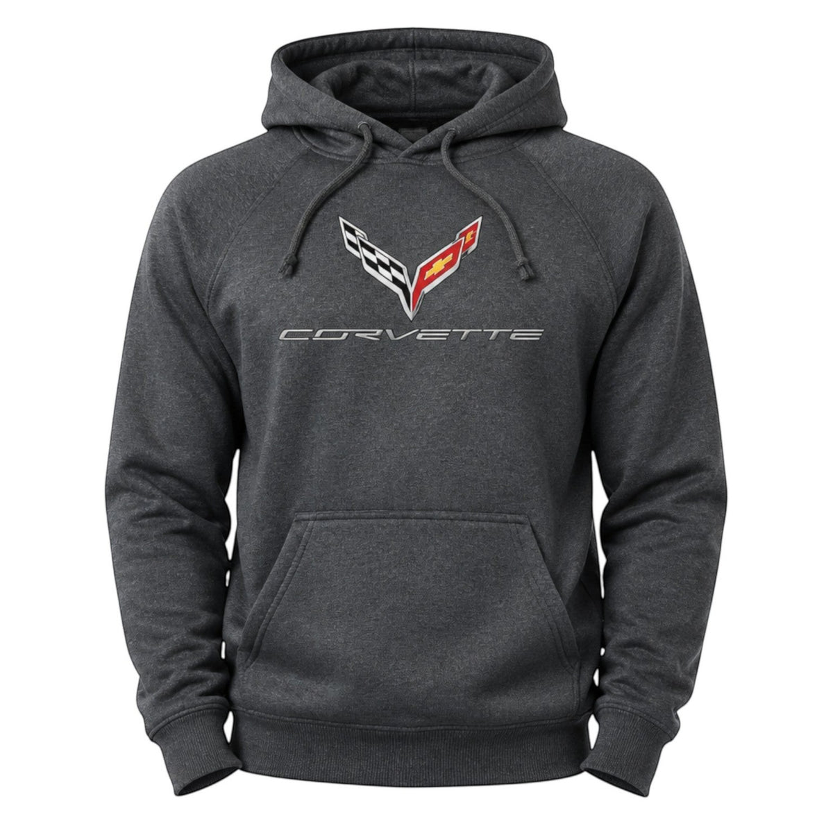 T-Top Vibes charcoal grey cotton-blend pullover hoodie featuring an embroidered 2020 Corvette emblem and front pocket