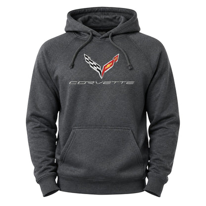 T-Top Vibes charcoal grey cotton-blend pullover hoodie featuring an embroidered 2020 Corvette emblem and front pocket