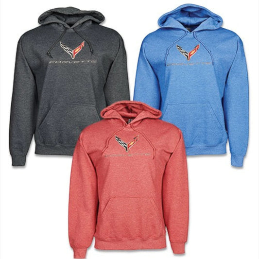 T-Top Vibes Corvette C8 embroidered pullover hoodies in charcoal, blue, and red cotton-blend with front pouch pockets.