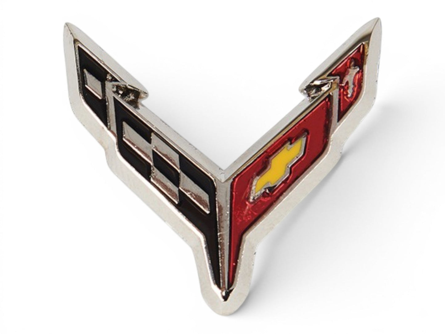 T-Top Vibes silver-plated Corvette C8 cross flags lapel pin with red, black, and yellow enamel detailing.