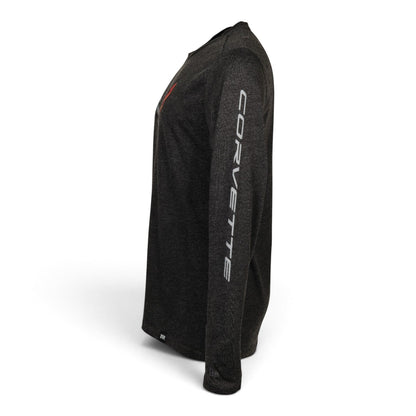 T-Top Vibes black long-sleeve Corvette C8 Carbon Flash t-shirt with white side sleeve branding