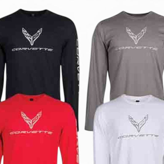 T-Top Vibes Corvette C8 long-sleeve cotton t-shirts in black, gray, red, and white with chest and sleeve logos.