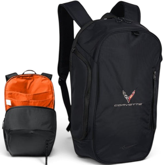 T-Top Vibes Corvette C8 Nike commute backpack in black with an orange interior and detachable mini bag.