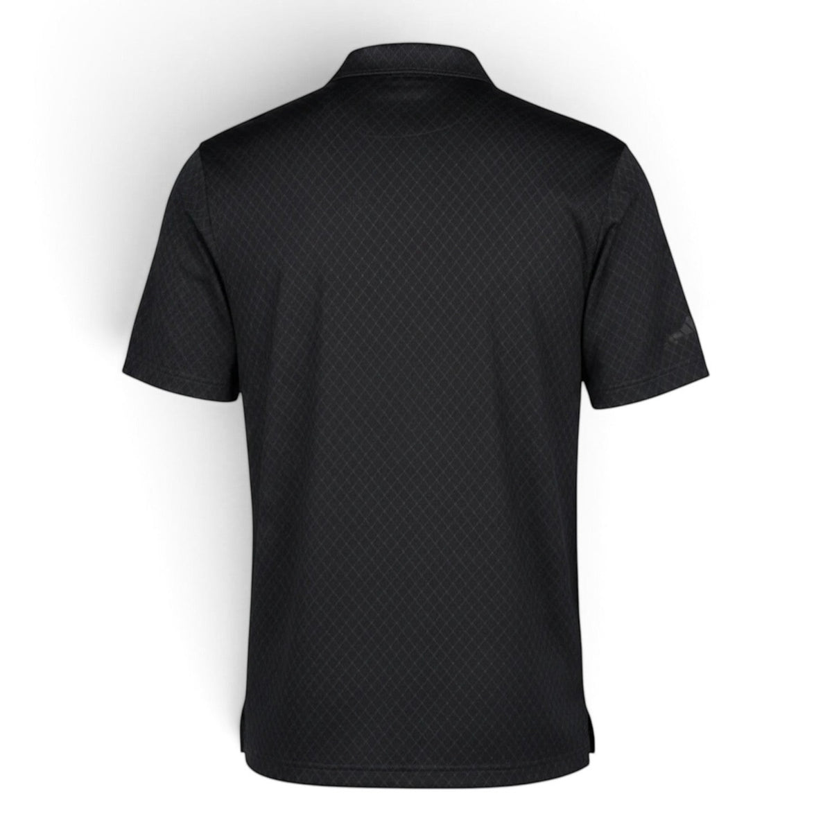 Back view of T-Top Vibes men's Carbon Black Adidas Corvette C8 performance polo with a subtle tonal diamond pattern.