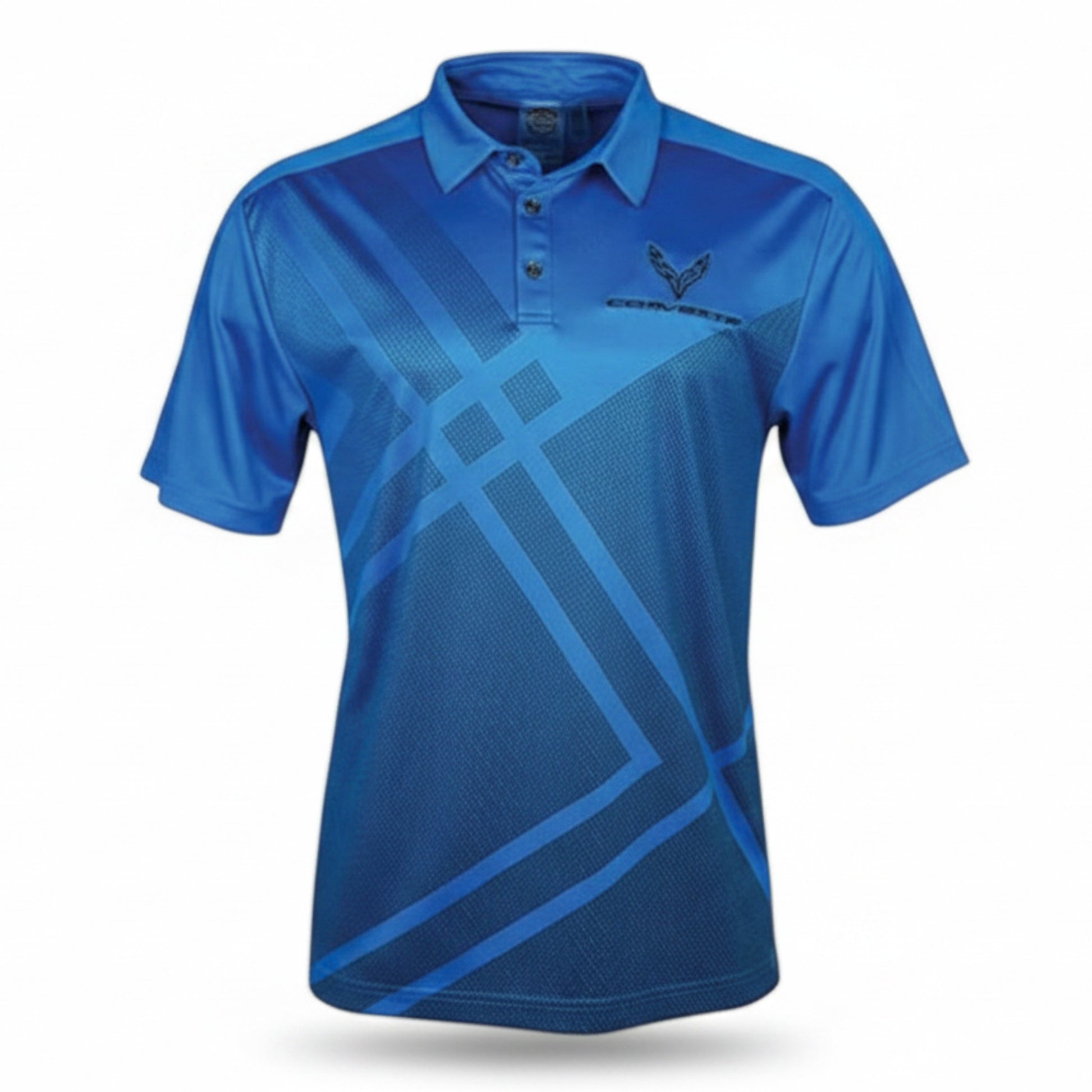 T-Top Vibes blue Corvette C8 performance polo shirt with moisture-wicking fabric and geometric graphic print