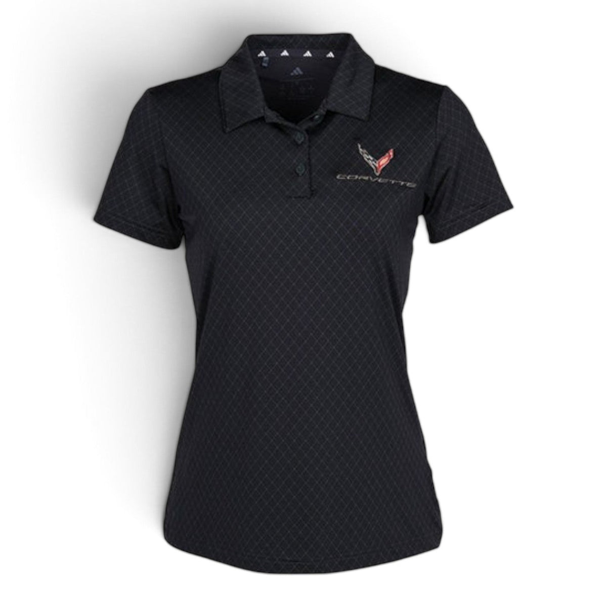 T-Top Vibes ladies Carbon Black Adidas Corvette C8 performance polo with tonal diamond pattern and embroidered emblem
