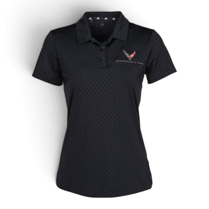 T-Top Vibes ladies Carbon Black Adidas Corvette C8 performance polo with tonal diamond pattern and embroidered emblem