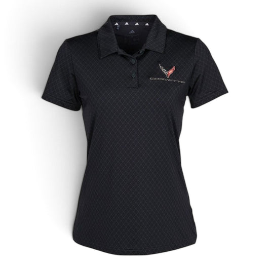 T-Top Vibes ladies Carbon Black Adidas Corvette C8 performance polo with tonal diamond pattern and embroidered emblem