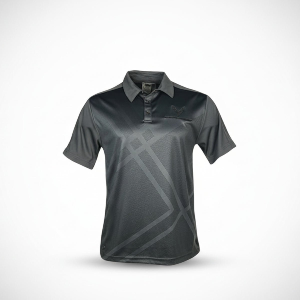 T-Top Vibes men's grey Corvette C8 performance polo with moisture-wicking fabric and geometric pattern detail.