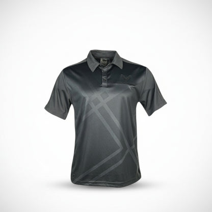 T-Top Vibes men's grey Corvette C8 performance polo with moisture-wicking fabric and geometric pattern detail.
