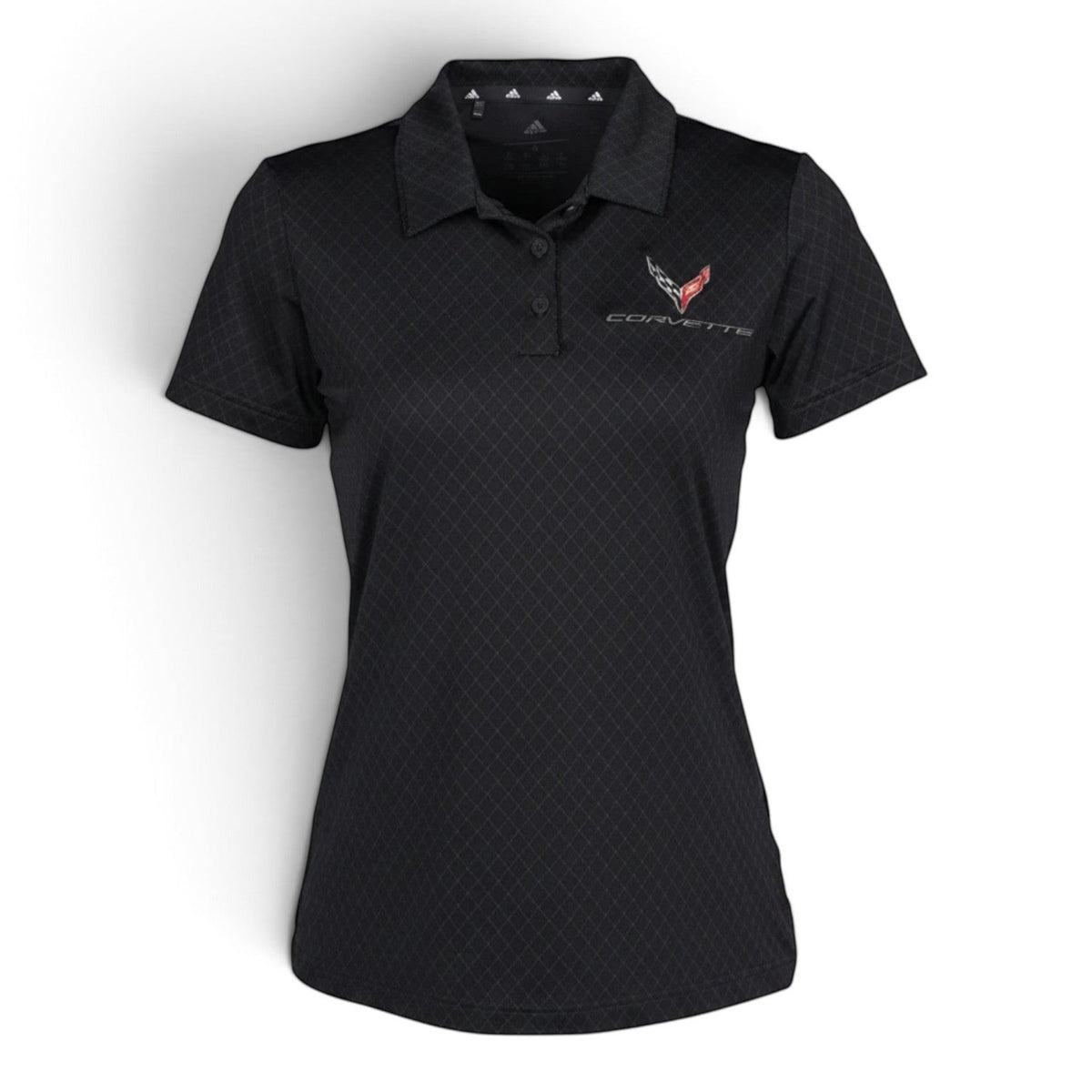 T-Top Vibes ladies carbon black Adidas Corvette C8 performance polo with embroidered emblem and tonal diamond pattern