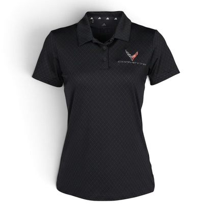 T-Top Vibes ladies carbon black Adidas Corvette C8 performance polo with embroidered emblem and tonal diamond pattern